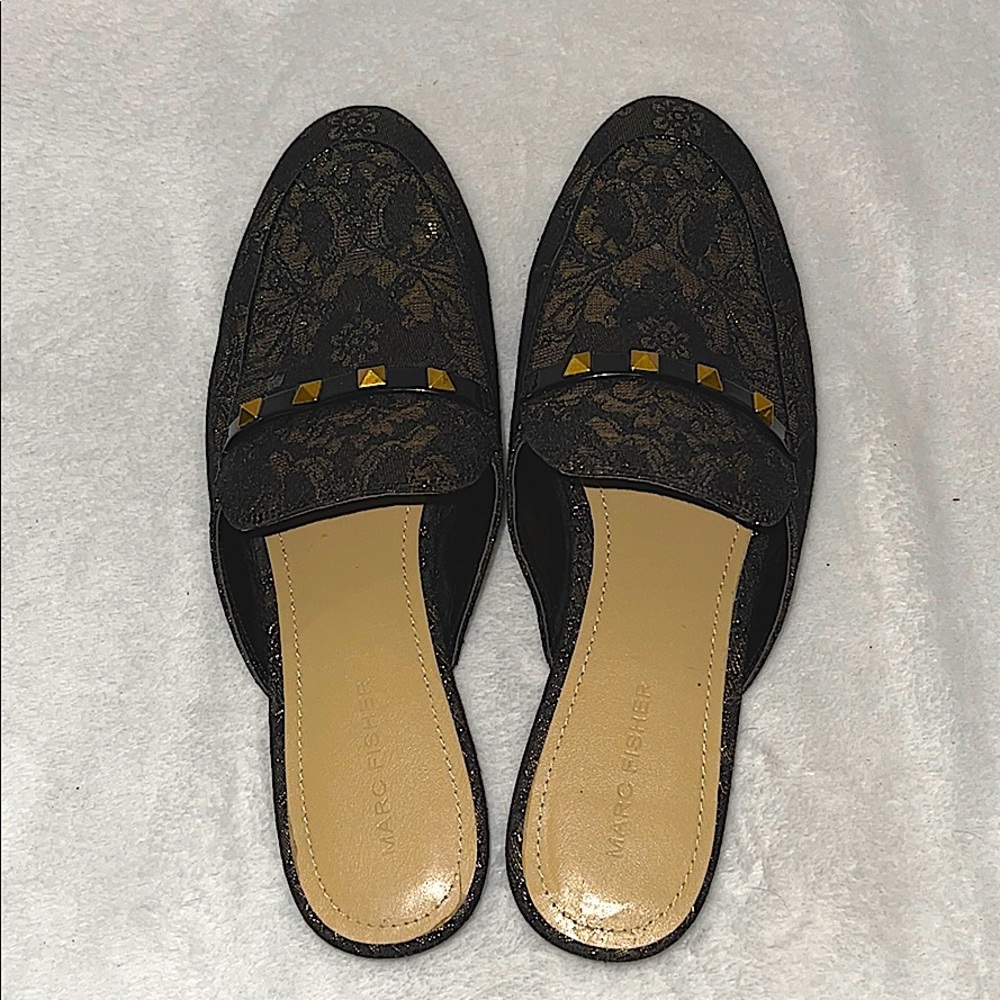 Marc Fisher Wishing Black and Gold Lace Mules